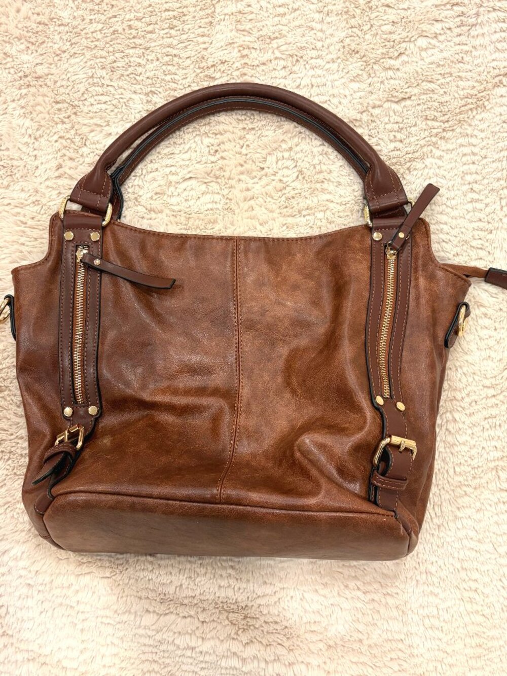 Distressed Cognac Brown Vegan Leather Slouchy Hobo Shoulder Bag Gold Zips